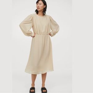 H&M Beige Crepe Pleated Detail Midi Dress